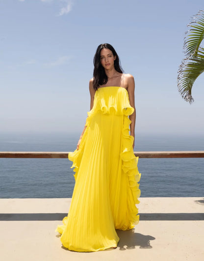 Isla del Sol Pleated Strapless Gown