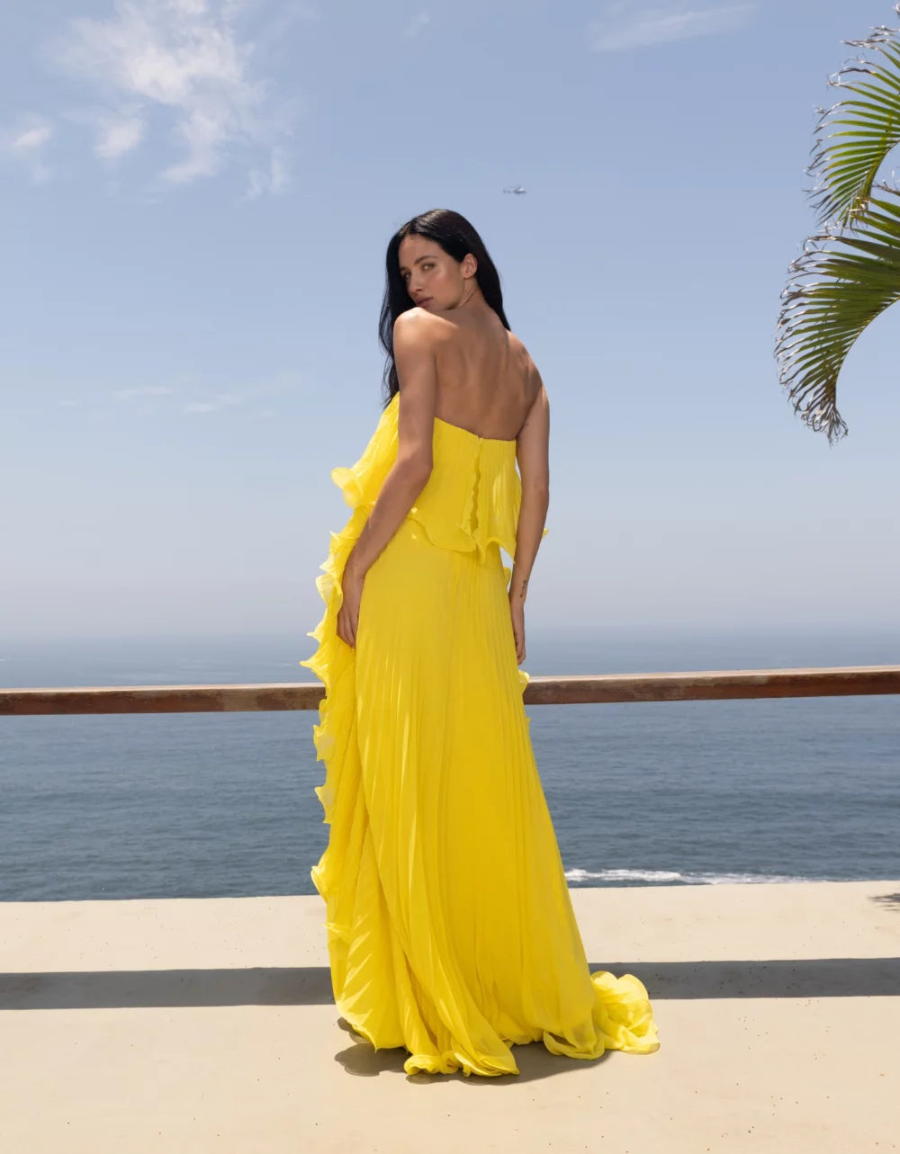 Isla del Sol Pleated Strapless Gown