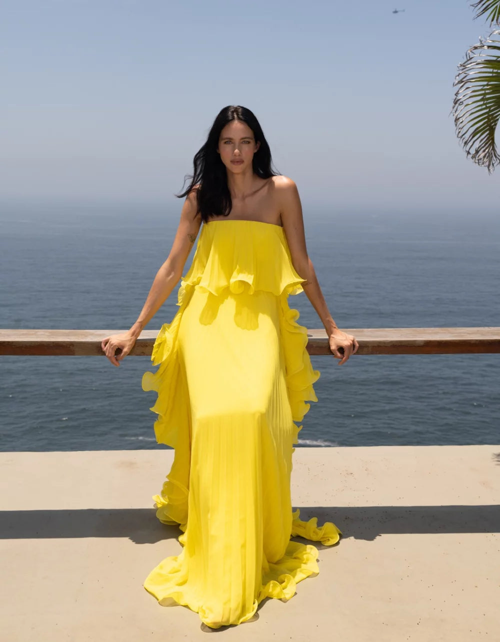 Isla del Sol Pleated Strapless Gown