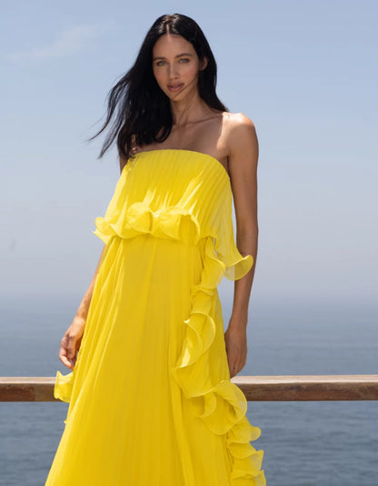 Isla del Sol Pleated Strapless Gown